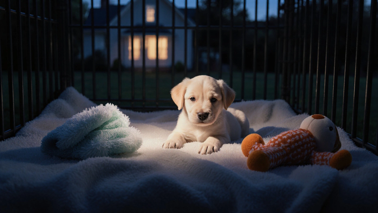 A puppy resting in a crate at night with a nightlight and comforting toys nearby.