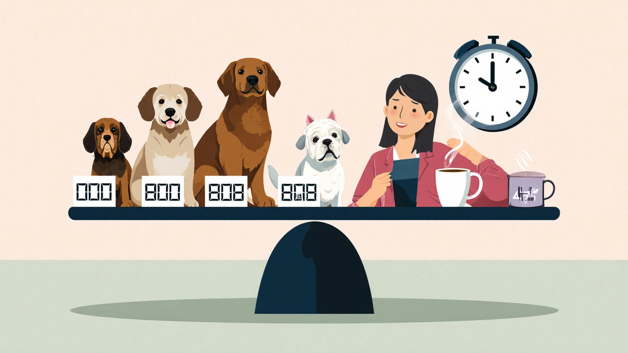 Balanced scale showing seven dogs with time blocks on one side, groomer with tired posture on the other.