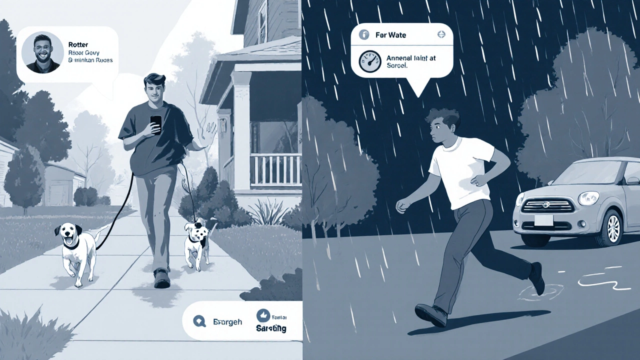 Contrasting scenes of a calm Rover walker versus a stressed Wag walker chasing a distant walk.