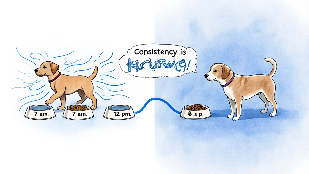 Dual image showing puppy and senior dog with feeding times marked by bowls.