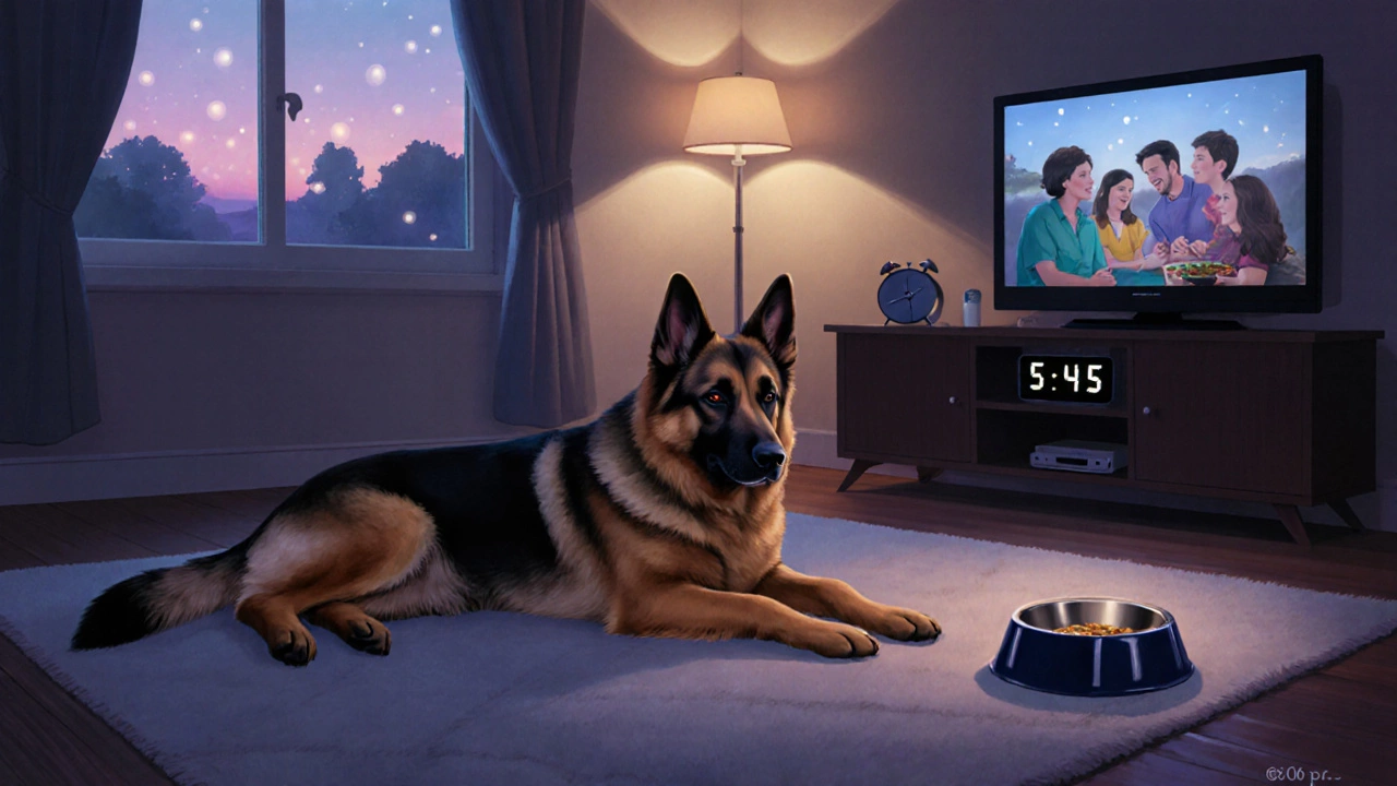 German Shepherd resting peacefully after evening meal at twilight.