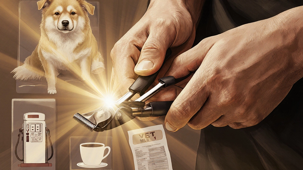 Groomer&#039;s hands holding clippers with symbolic images of care and struggle