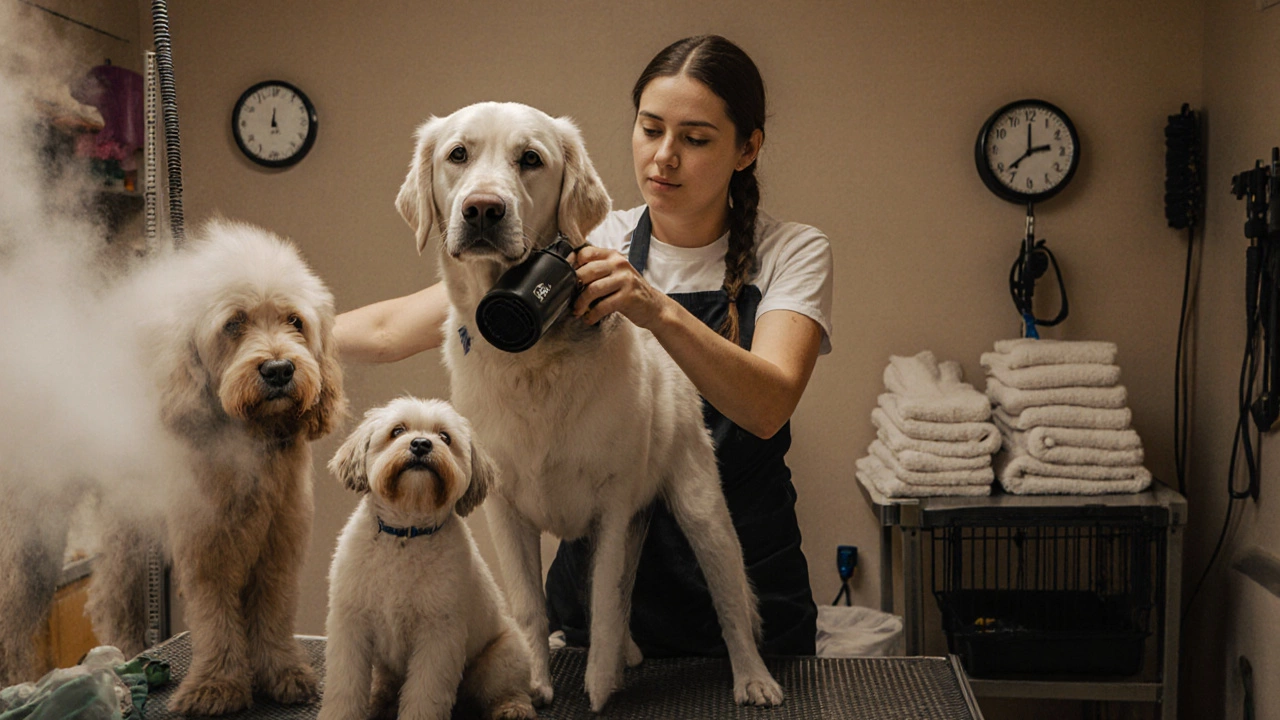 Groomer drying a large Labrador while a poodle waits in a carrier, clock showing late afternoon.