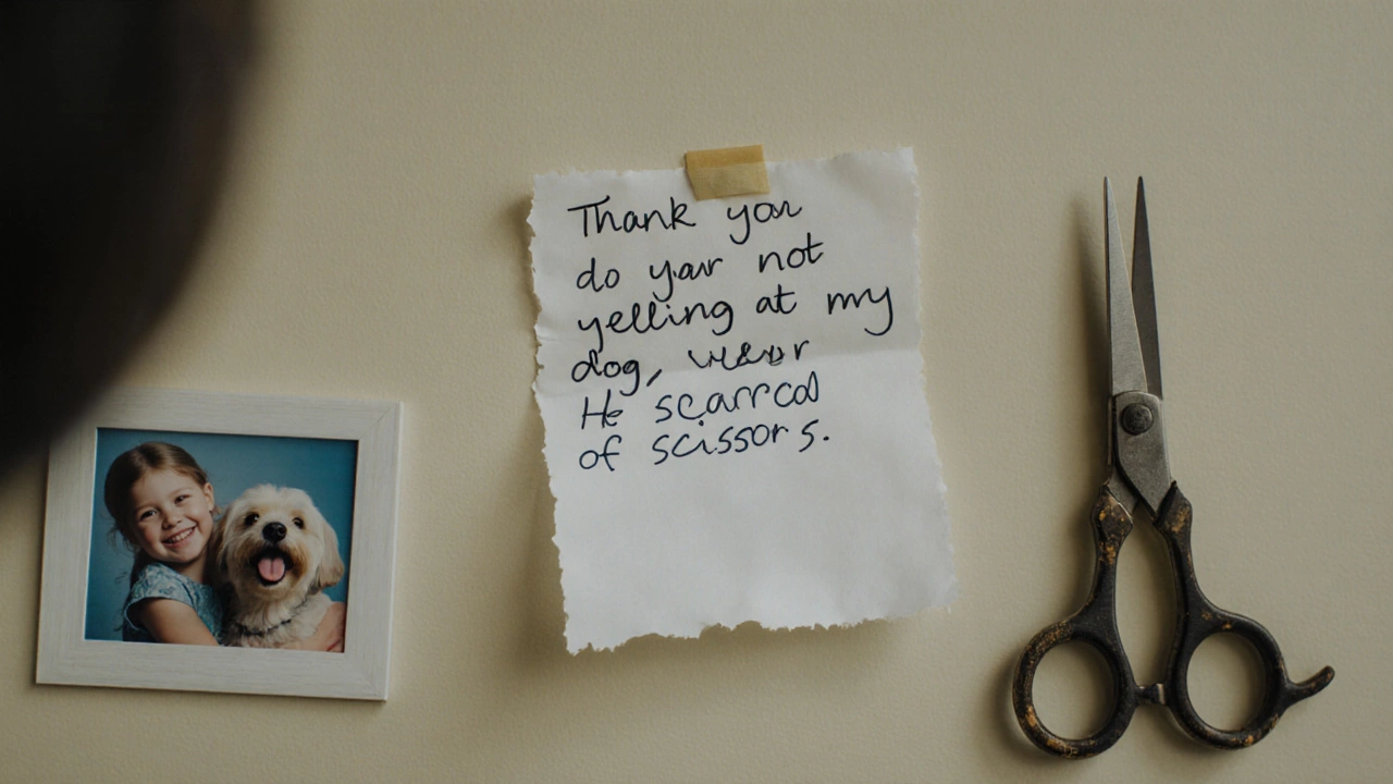 Handwritten thank-you note and grooming scissors on a salon wall
