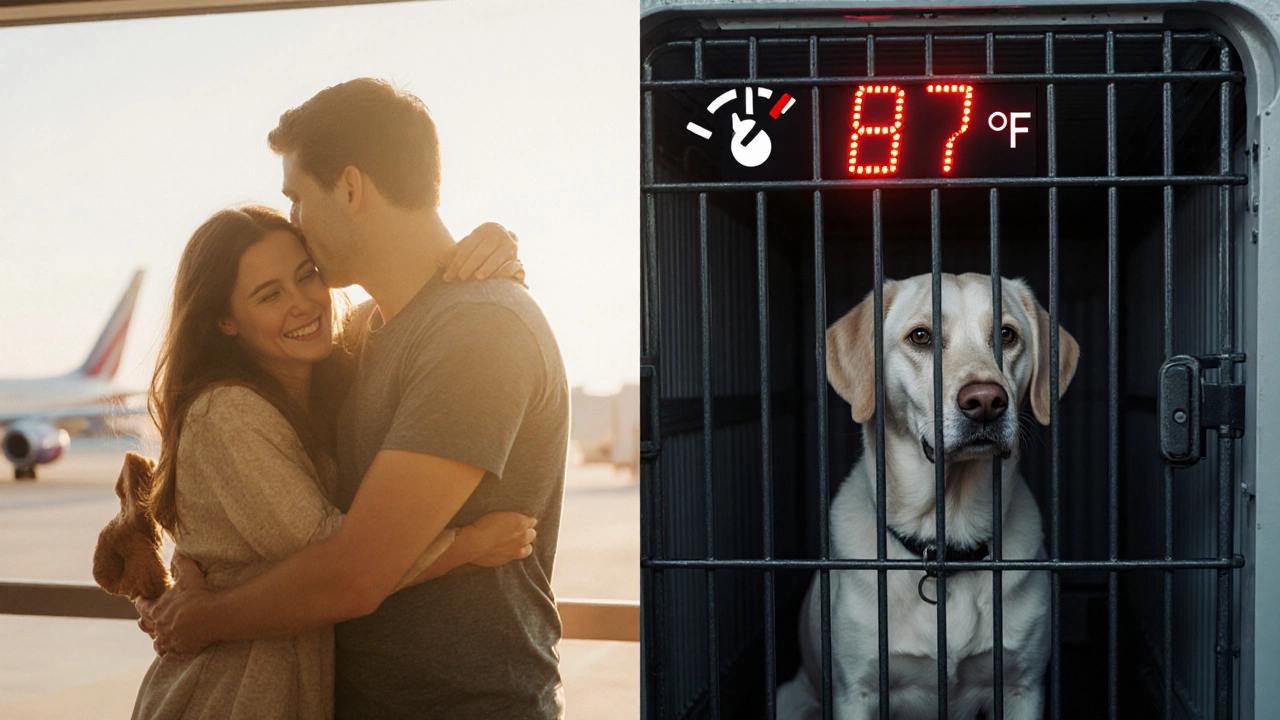 Split image: family saying goodbye vs. dog alone in cargo with a dangerously high temperature reading.