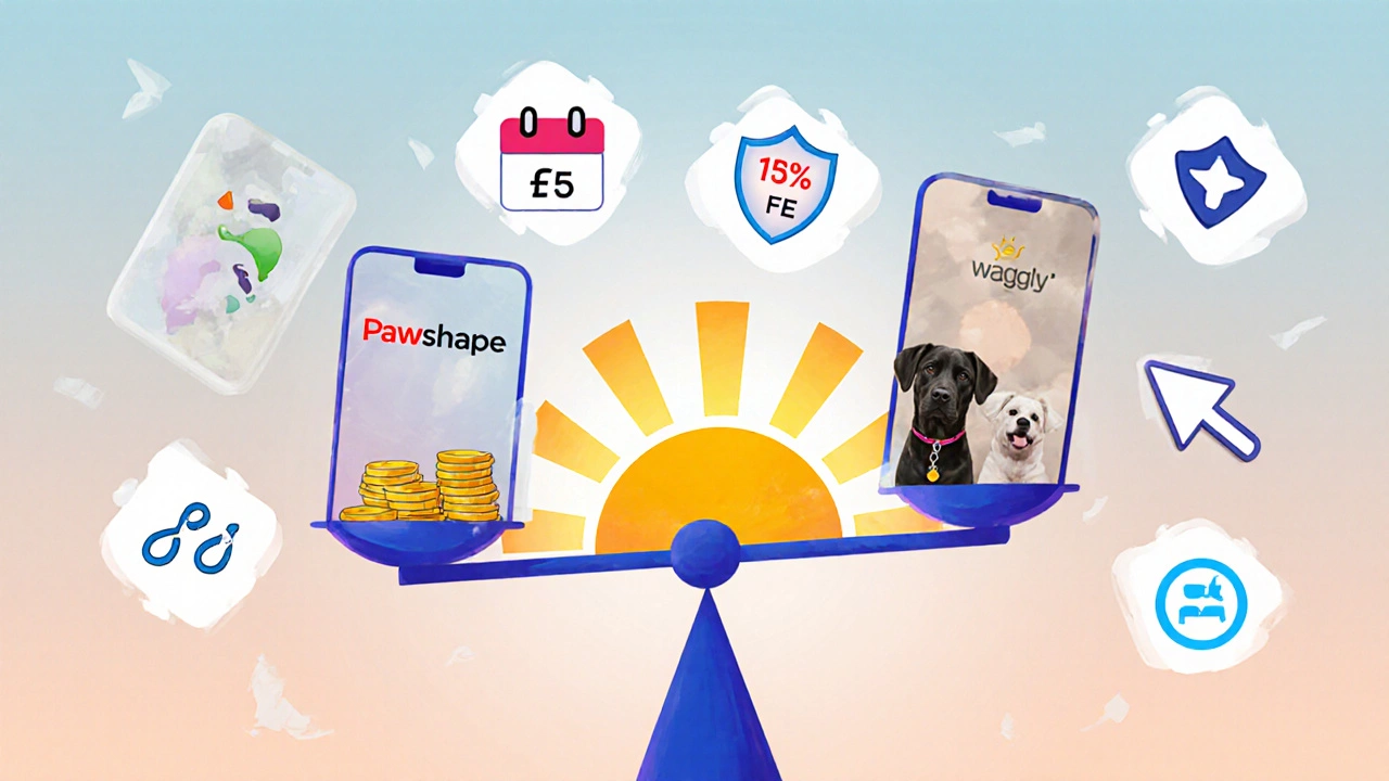 Three pet apps compared as scales with fees, icons of insurance, calendar, and payout