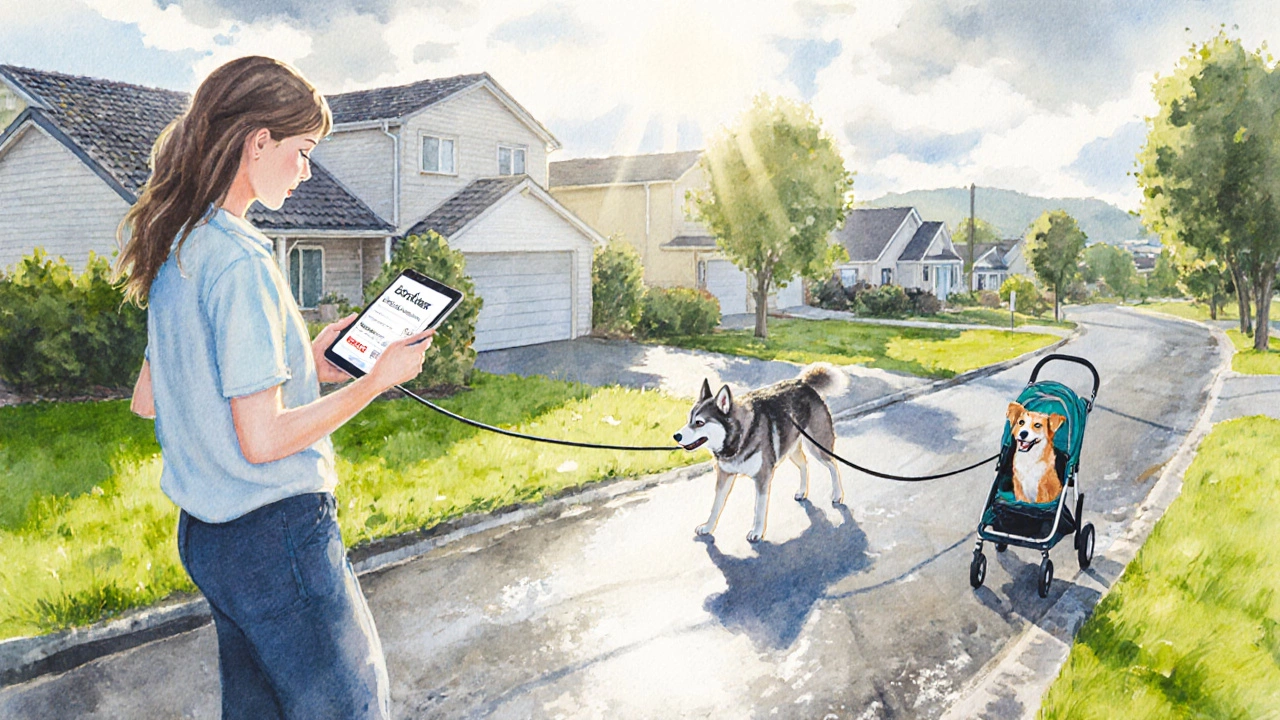 Walker declining a job while two dogs wait nearby, sunlight filtering through clouds