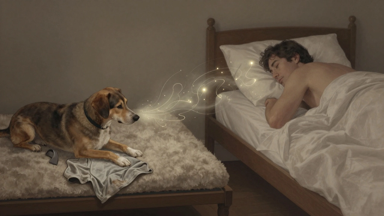A dog on its own bed with glowing scent lines connecting to a nearby human bed.