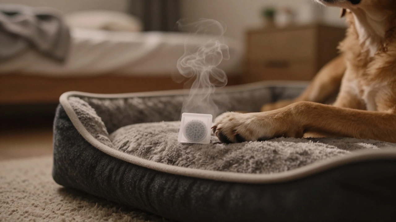 A heated dog bed with a scent pod, emitting a soft mist in a quiet bedroom.