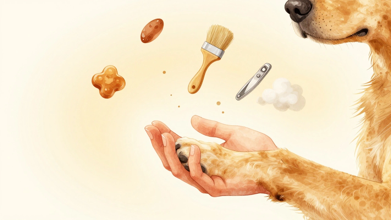 A human hand gently holding a dog's paw with calming symbols like a treat and brush floating around it.