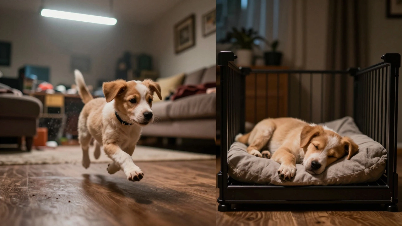A split-image showing a tired puppy in chaos versus calm sleep, highlighting the need for early bedtime.