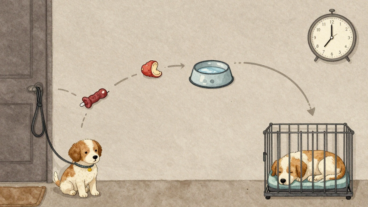 An artistic timeline of a puppy&#039;s evening routine ending with a calm sleep in a crate.