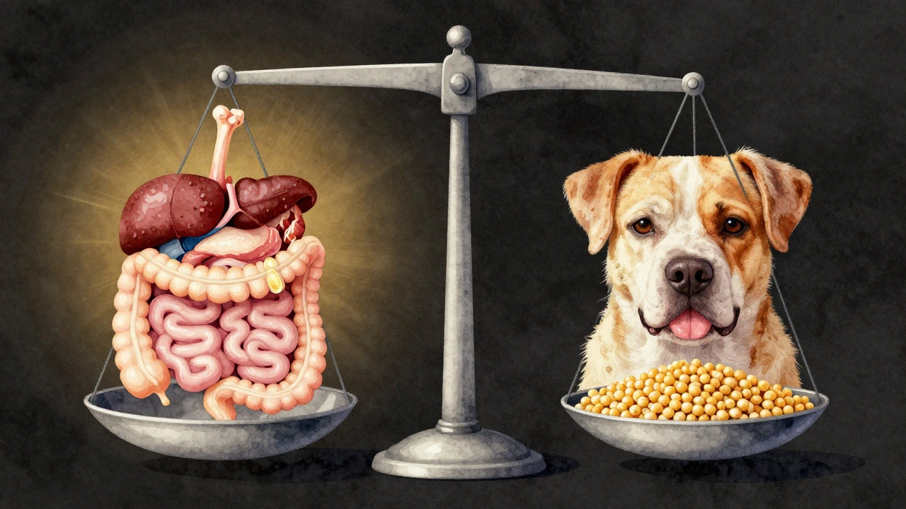 Balanced scale showing healthy dog organs versus inflamed organs with grain fillers.