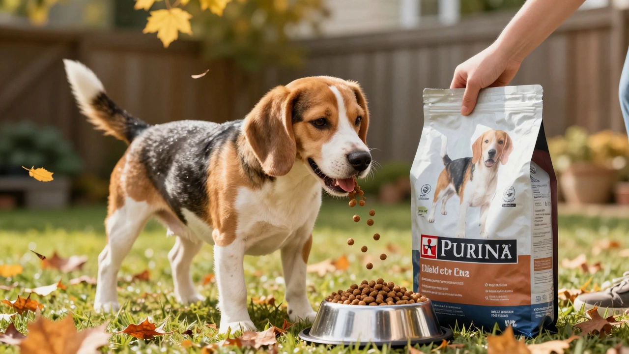 Beagle happily eating from a bowl with Purina One kibble in a sunny backyard.