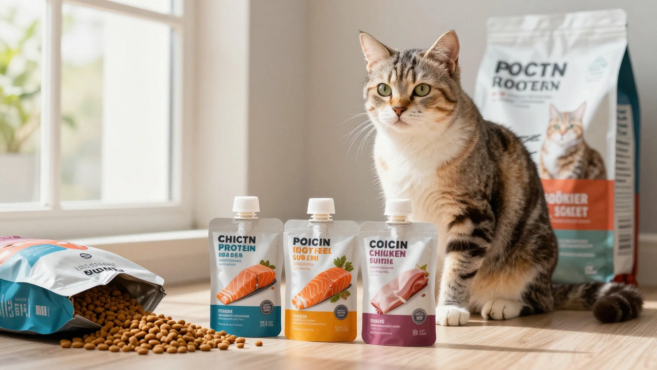 Cat beside three premium wet food pouches, dry kibble bag discarded nearby.