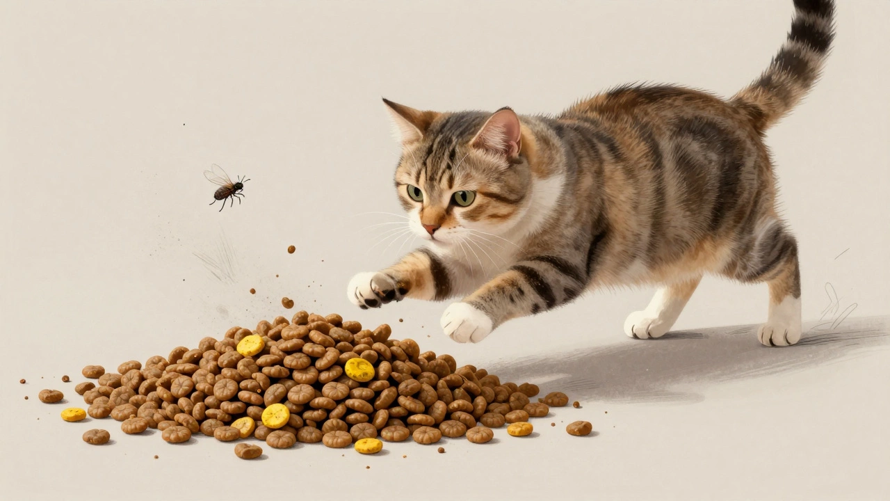 Cat pouncing on a puzzle feeder with subtle insects and stale kibble details.