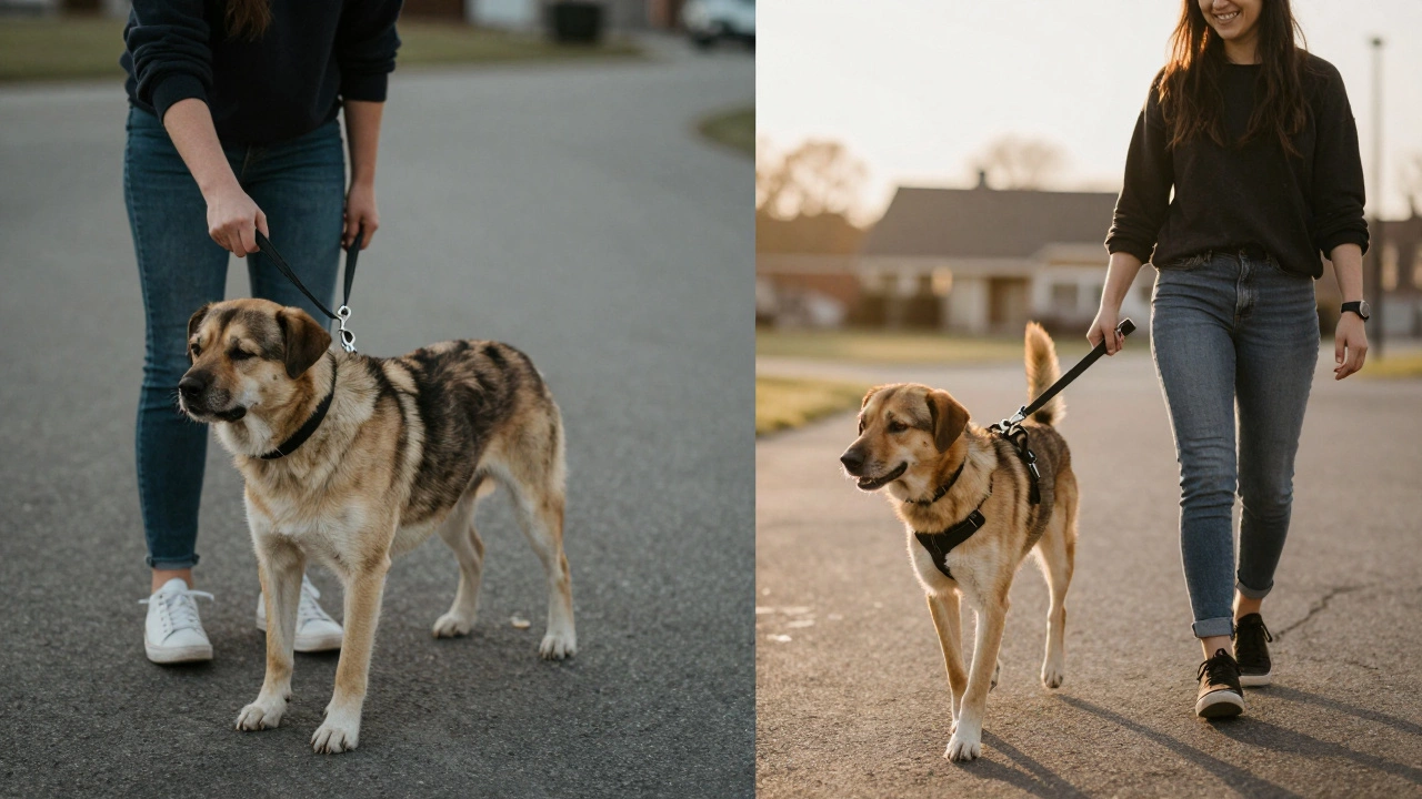 Contrast of dog pulling on collar vs. walking calmly with no-pull harness, showing behavioral transformation.