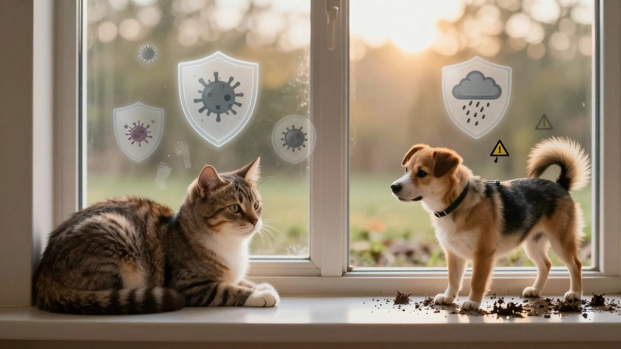 Indoor cat and outdoor dog with symbolic vaccine shields above them.