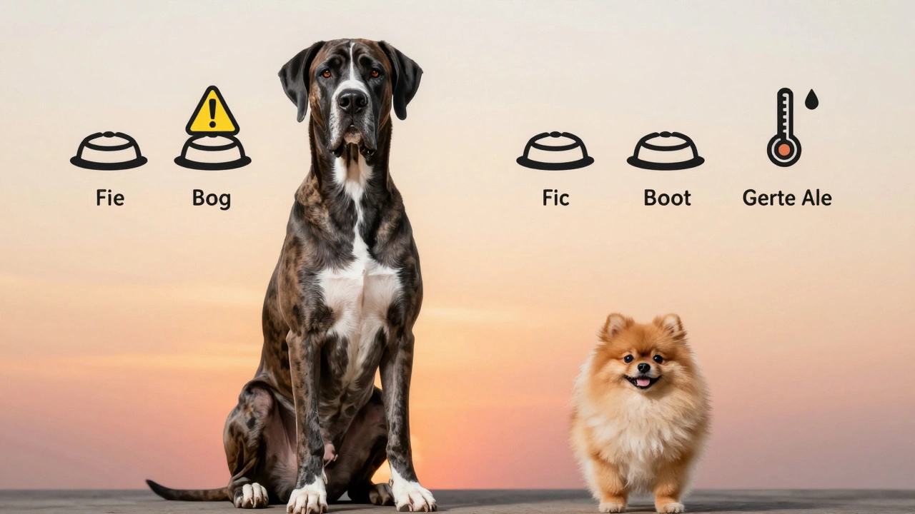 Large and small dog side by side with feeding schedule icons representing their needs.
