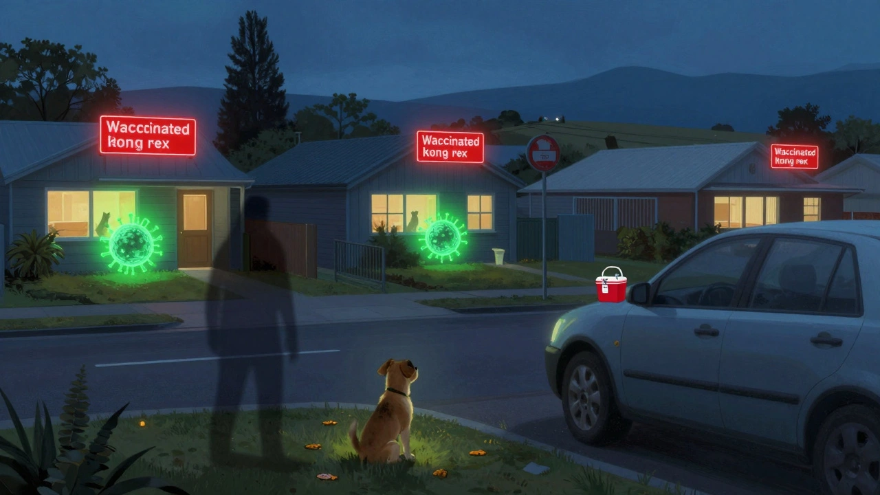 Neighborhood with glowing protective halos around vaccinated pets and warning signs over unvaccinated ones.