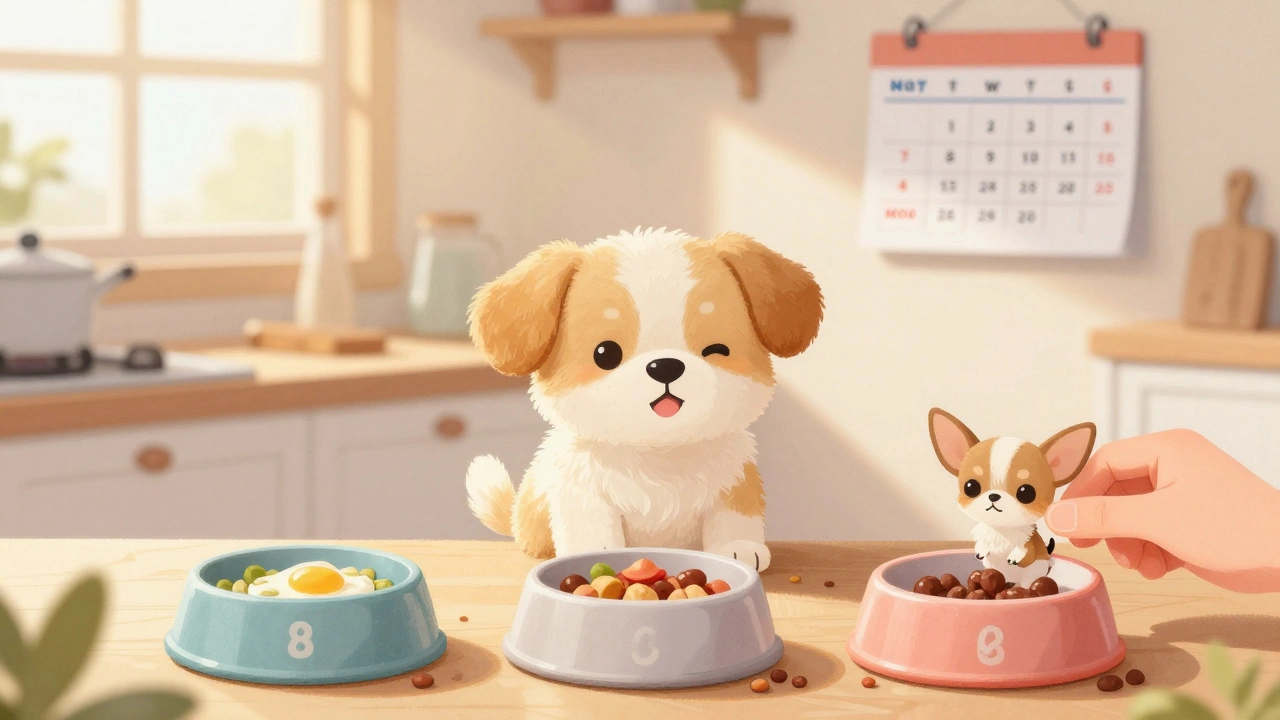 Puppy eagerly waiting for food from three scheduled meals in a kitchen.