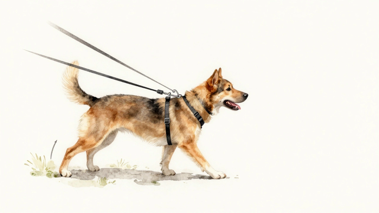 Side view of a dog&#039;s body turning gently due to front-clip leash pressure, illustrating physics of no-pull training.