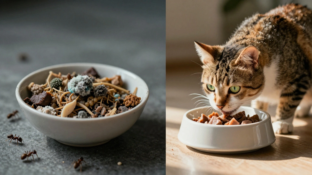 Split image: moldy food left out vs clean measured meal with happy cat.