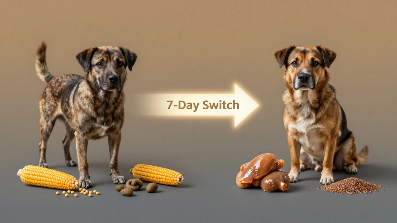 Split-screen showing dog's health improvement after switching food