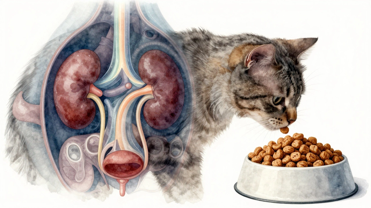 Transparent illustration showing hydration from wet food benefiting a cat&#039;s kidneys.