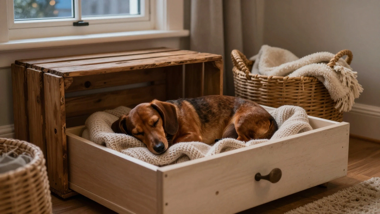 A dachshund sleeps inside a repurposed dresser drawer lined with a sweater, surrounded by other DIY pet resting spots.