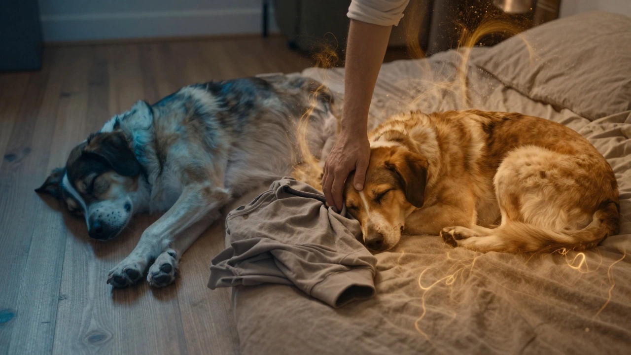 A dog appears in two states—sleeping on cold floor and warm bed—with scent trails connecting them.