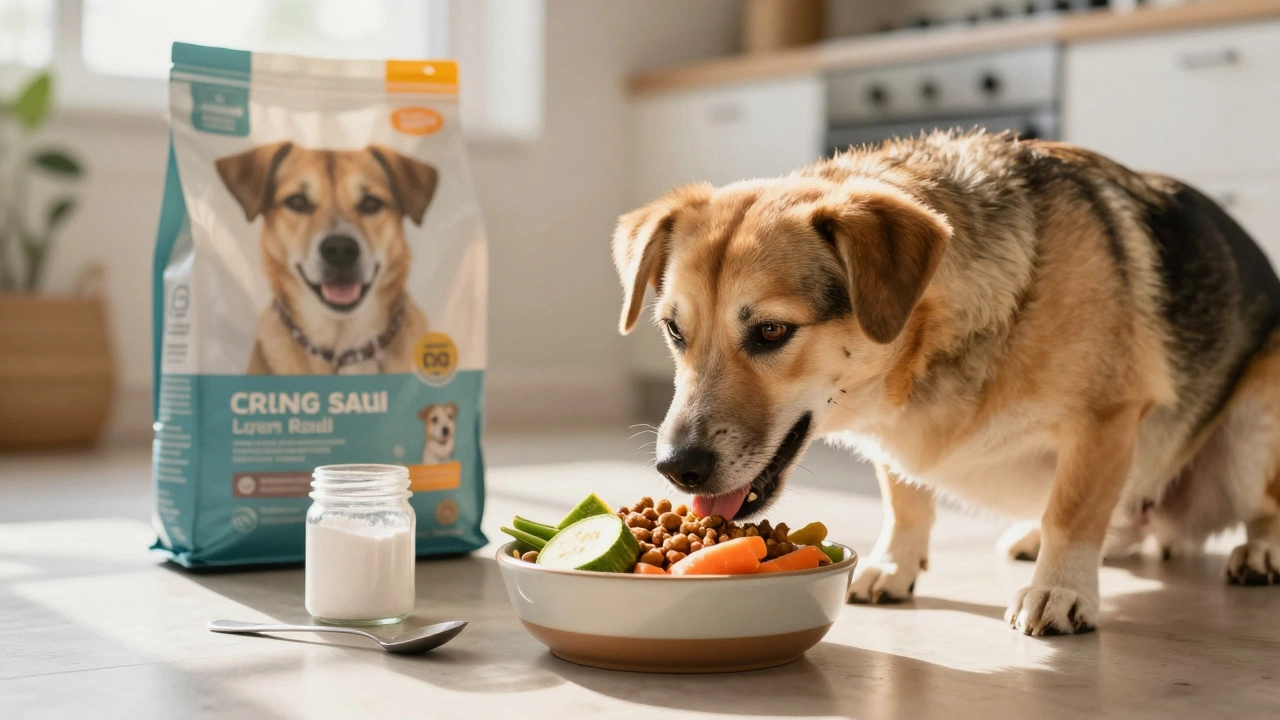 A dog eating a mix of budget kibble and vegetables on a sunlit kitchen floor
