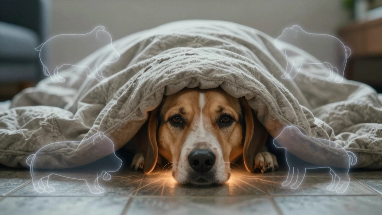 A dog peeks out from under a blanket on the floor, with ghostly images of expensive beds floating nearby, ignored.