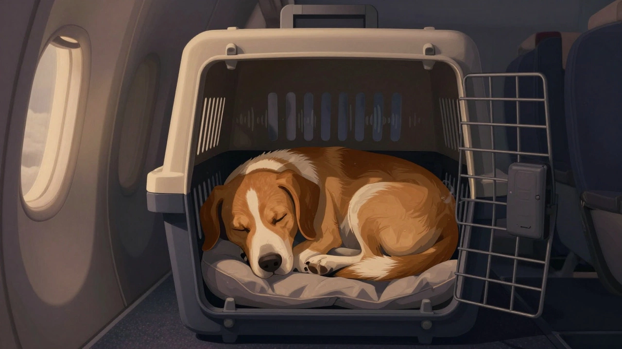 A dog sleeps peacefully in a cargo carrier with soft light and sound waves.