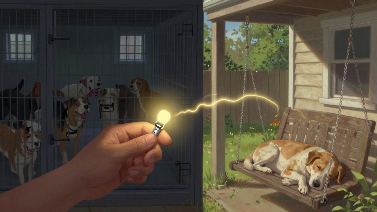 A glowing microchip connecting a shelter kennel to a peaceful home, symbolizing safe rehoming.