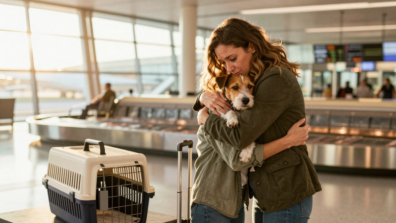 A woman hugging her dog at the airport arrival gate, beside a labeled pet carrier.