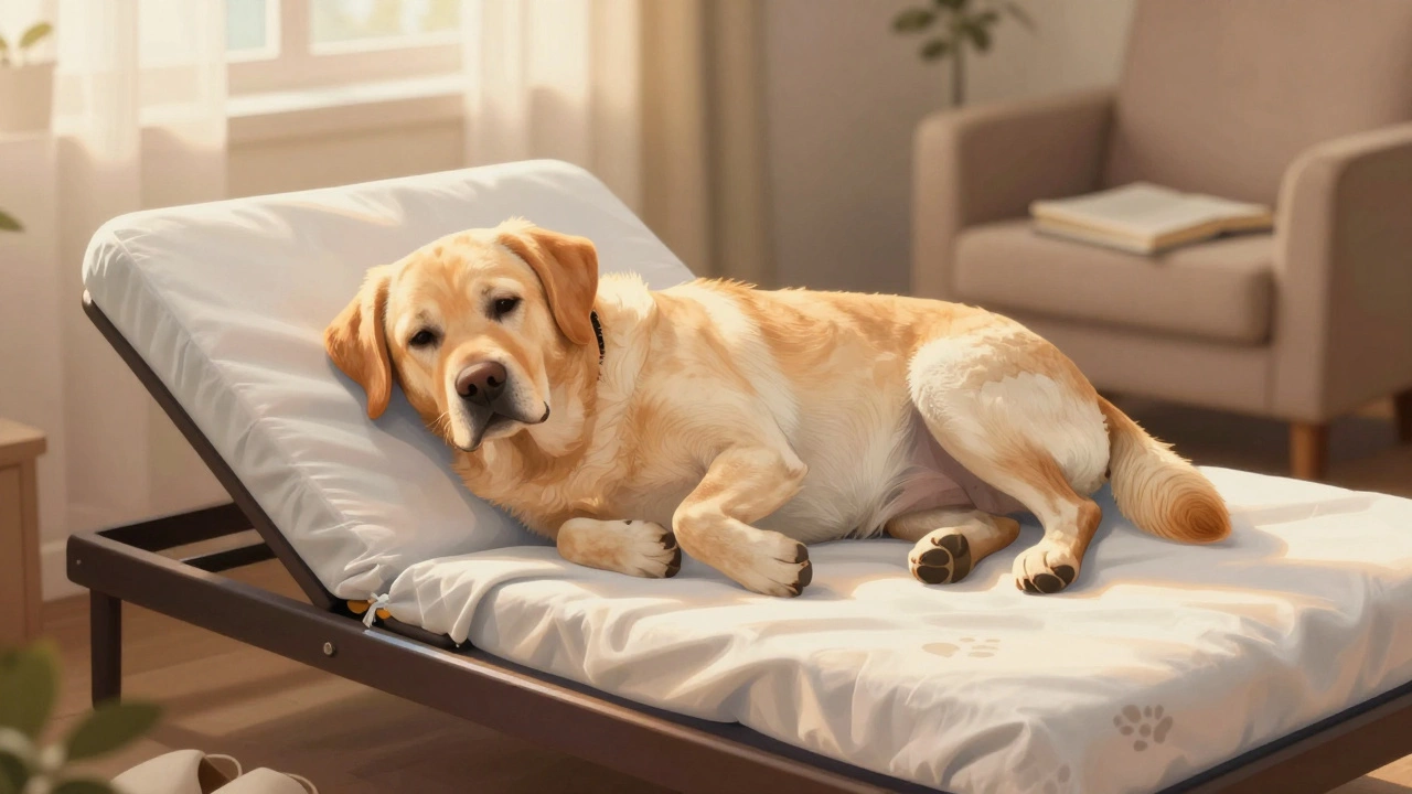 An older Labrador rests comfortably on an orthopedic bed with raised edges in warm evening light.