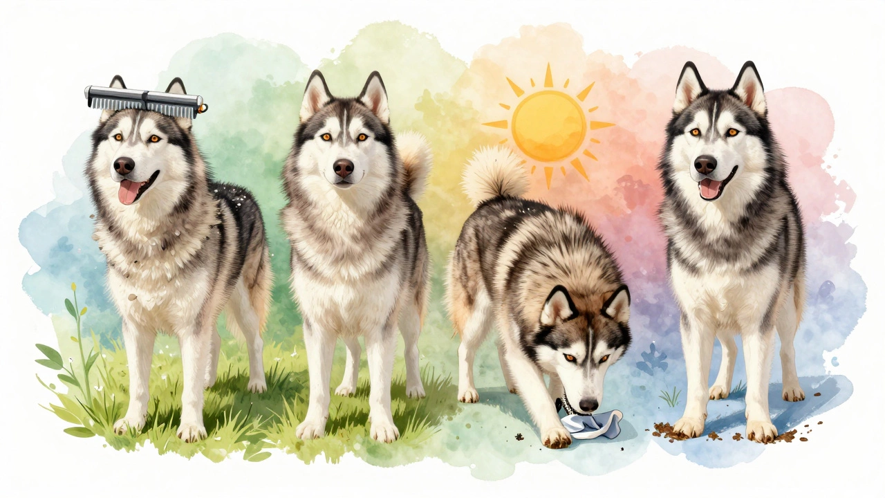 Four-season grooming cycle of a Husky: shedding, trimming, brushing, and spot-cleaning.