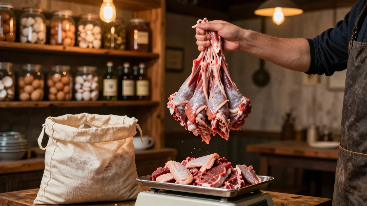 Fresh chicken parts and trimmings being weighed at a butcher shop for raw dog food