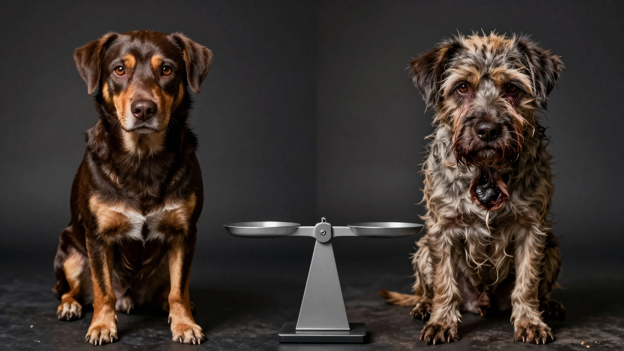 Healthy dog versus neglected dog side by side, showing coat, nails, and ear condition.