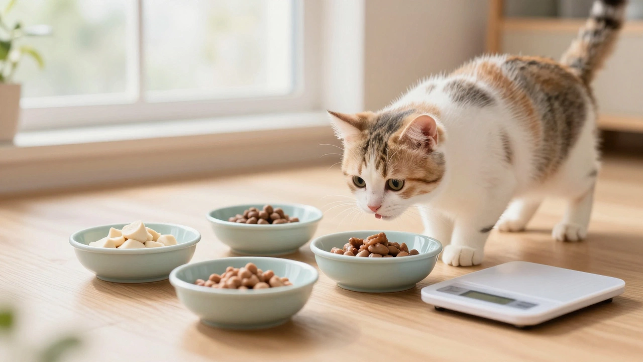 Kitten eating four small meals a day with food scale on wooden floor.