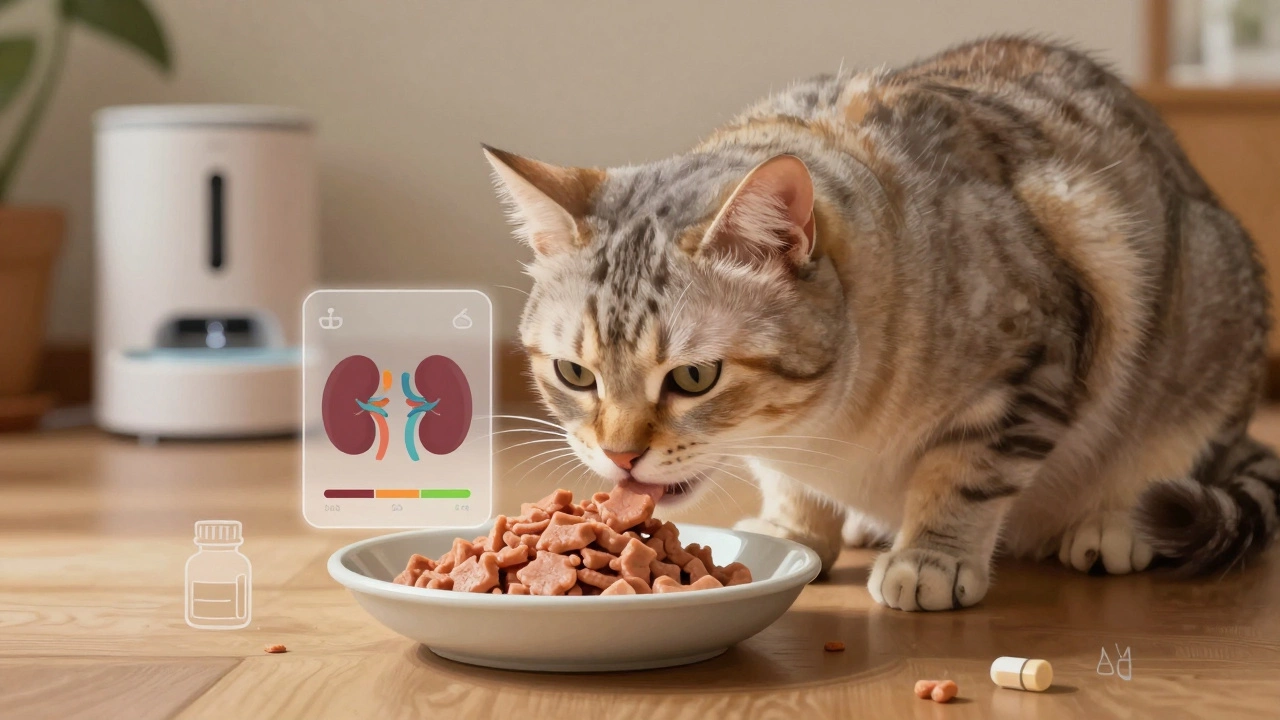 Senior cat eating wet food with health icons floating subtly around.