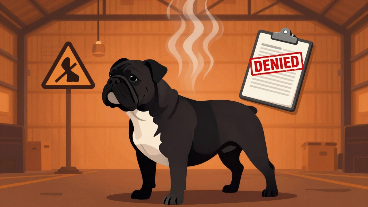 A Bulldog silhouette with heat waves and a 'DENIED' vet stamp, symbolizing the risks of flying brachycephalic breeds.