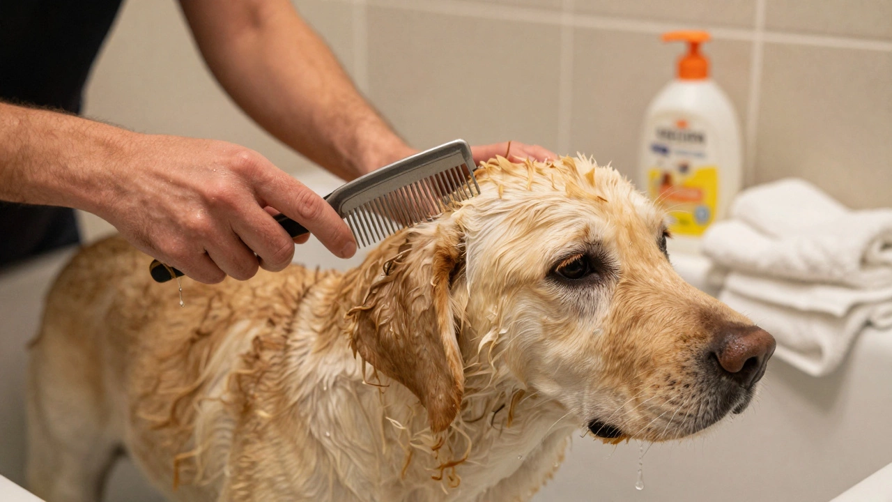 A damp Labrador being lightly combed before a bath, owner using a wide-toothed comb carefully.
