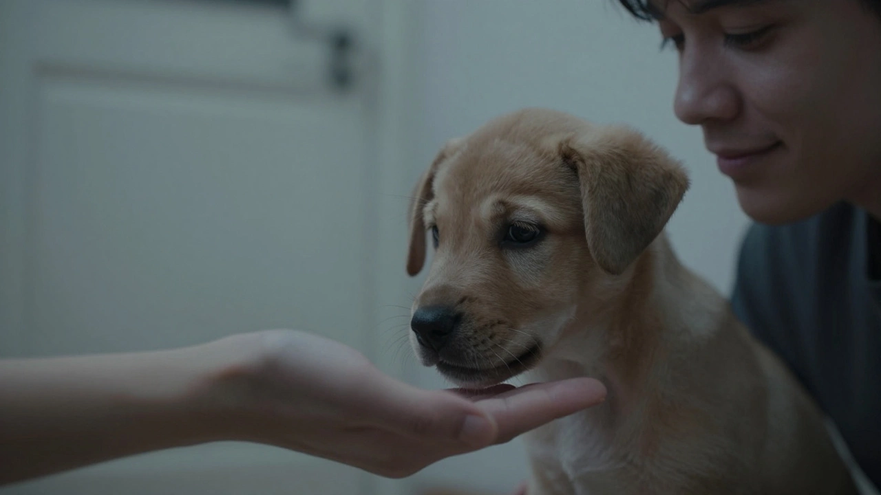 A puppy cautiously sniffing a person's hand in a calm, undisturbed setting.