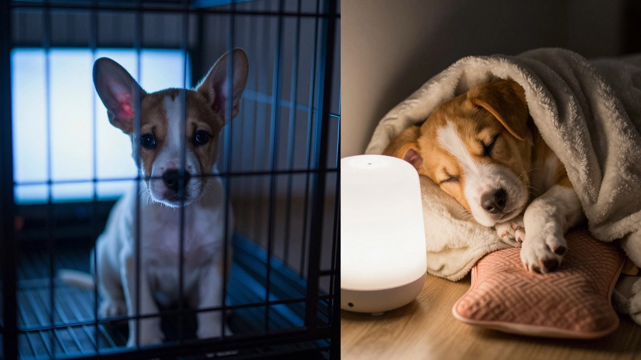 A puppy looks startled by a flickering TV on one side, and sleeps calmly with a white noise machine on the other.