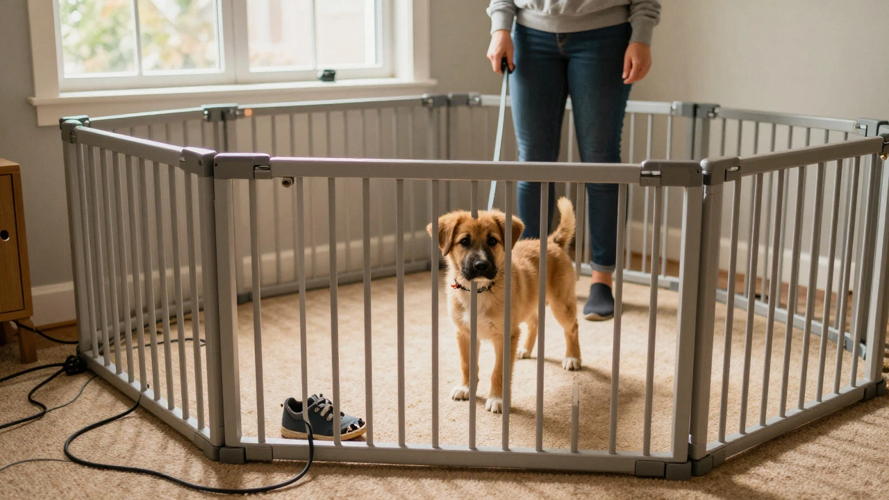 A puppy safely contained in a puppy-proofed pen with hazards blocked off.
