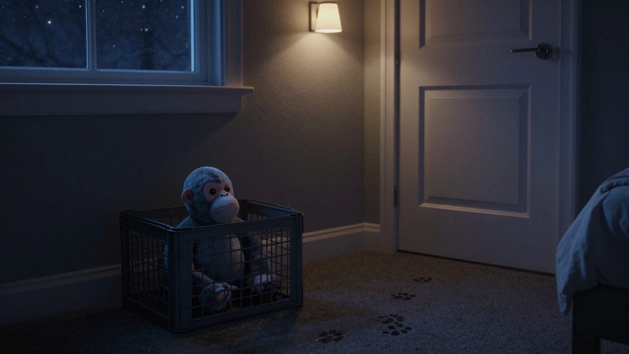 An empty crate at dawn contains a frozen toy, with a dim nightlight glowing nearby, symbolizing a quiet, peaceful night.