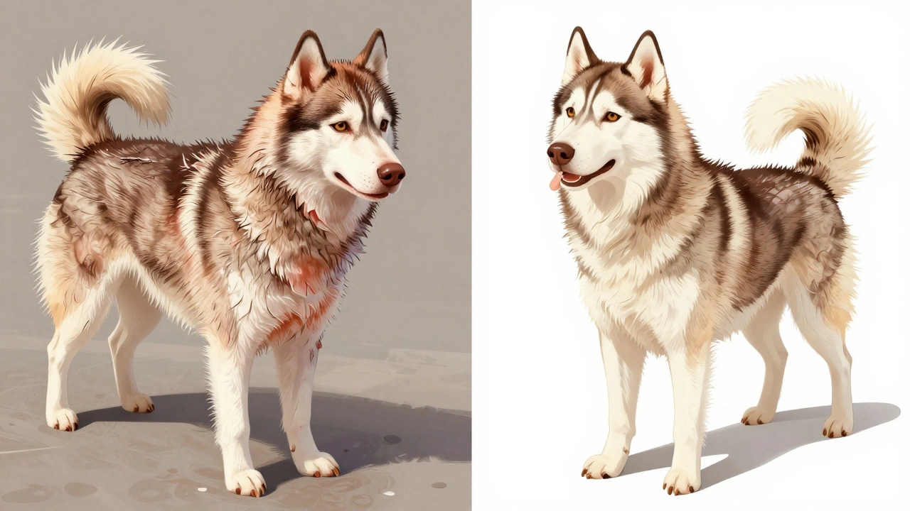 Contrasting image: left shows a wet, matted dog with skin irritation; right shows a healthy, dry dog being properly brushed.