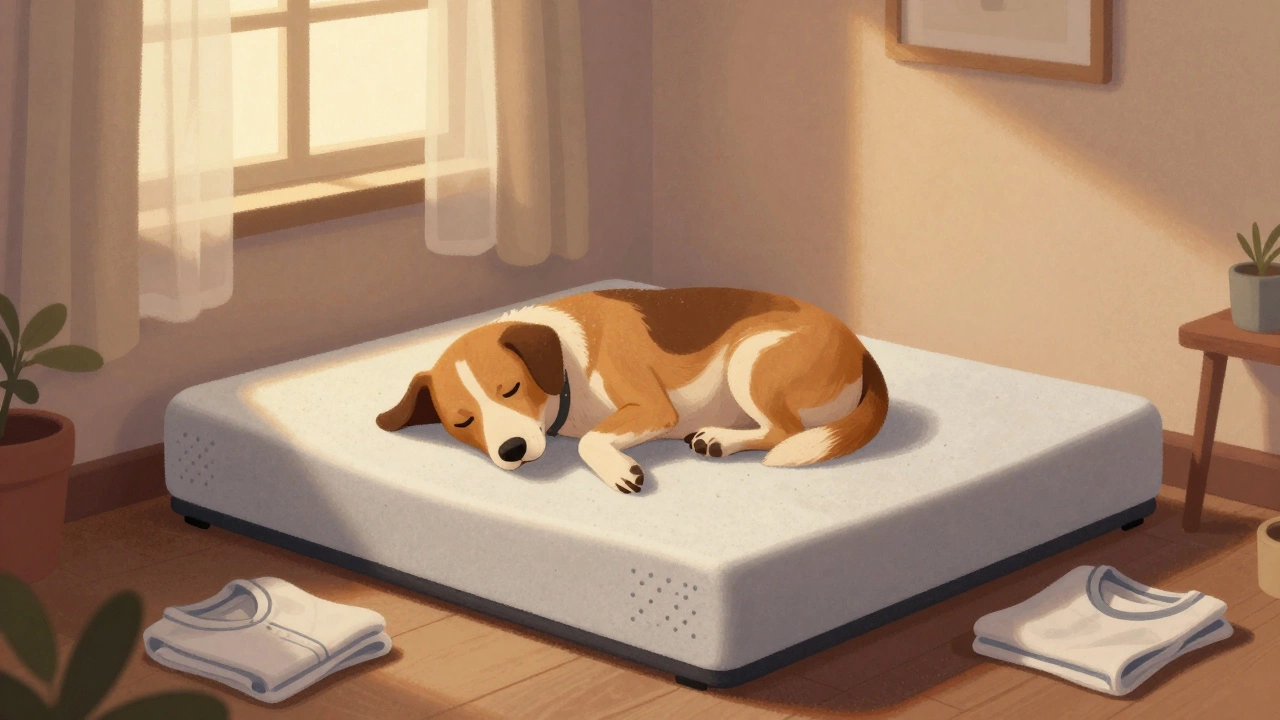 Dog resting on memory foam bed in Indian bedroom with nightlight